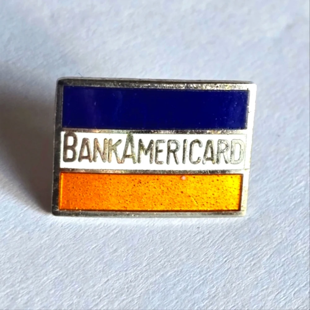 Vintage pin BankAmericard enamel silver tone brooch orange blue